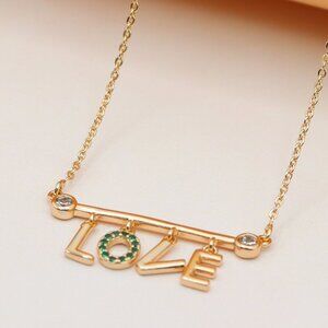 Rose Gold LOVE Pendant Necklace with Green Crystal Accent, XPNL0207